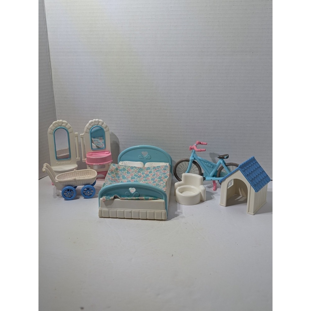 Vintage 90's Lot Fisher Price Playskool My Loving Family Accessories Bed Bike